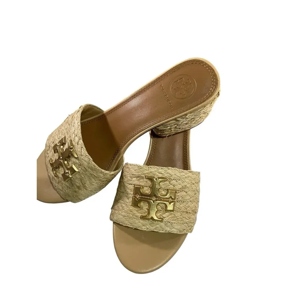 Tory Burch Everly Leather Heel Block Sandal- Raffia Material Size 6M - Picture 2 of 10